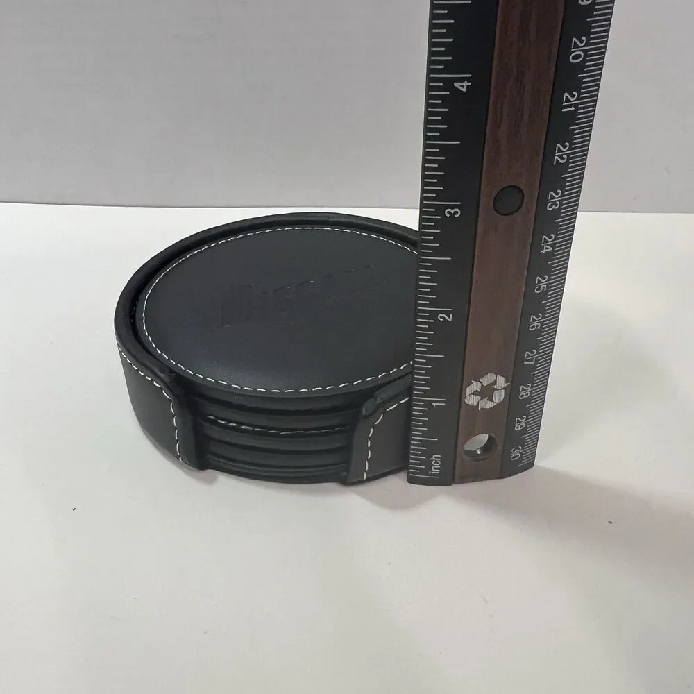 Bonded Black Leather 4 Coaster Set With Holder Embossed HisCall White Stitching
